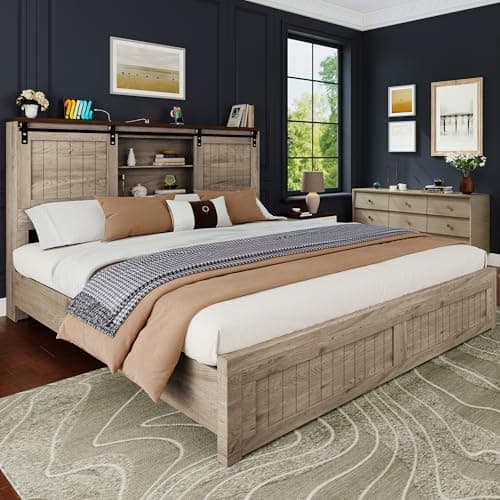 Uteeran Queen Size Bed Frame with Storage, Sliding Barn Door, Farmhouse Wood Platform Bed with Reading Light and Charging Station, Wood Slats Support, Easy Assembly, Noise-Free, Light Rustic Oak - Image 1