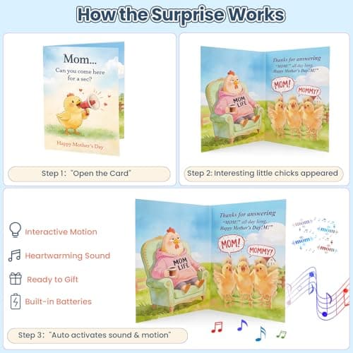 mountova Mothers Day Card with Sound & Motion - Chicken Musical Pop Up Mothers Day Card for Mom, Wife - Animated Mother’s Day Gift from Son, Daughter, Husband - 5.9" x 7.9" - Thumbnail 6