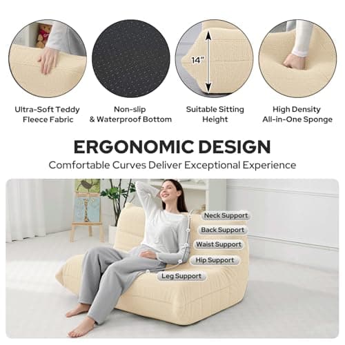 HABUTWAY Bean Bag Chairs Fireside Lazy Floor Sofa, Soft Teddy Fleece 2 Seater Sofa with High-Resilience Foam Filling，Beanbag for Living Room, Bedroom, Office (Khaki Teddy) - Thumbnail 3