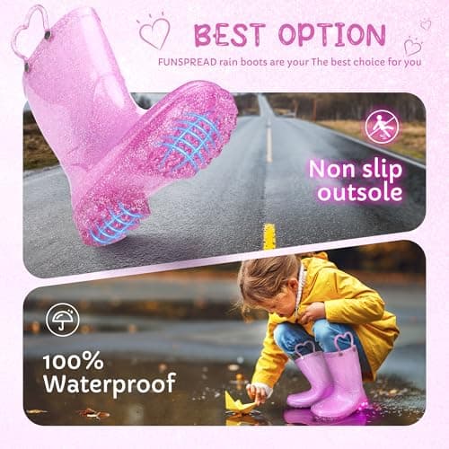 Funspread Girls Toddler Rain Boots - Glitter Light Up Kids Rain Boots with Easy-On Handles, Lightweight Waterproof Rain Shoes Glitter Pink Size 13 - Thumbnail 4