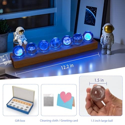 7 Pcs Solar System Planet Crystal Ball with LED Wooden Base Valentine's Gift, 3D Outer Space Astronomy Gifts Room Office Decor Crystal Sphere Unique Christmas Gifts Night Light Planet Lamp - Thumbnail 3
