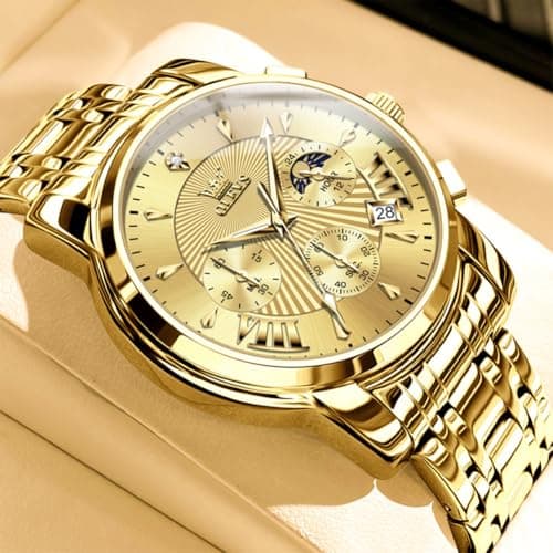 OLEVS Watch Men Gold Watches for Men Luxury Mens Watches Dress Wrist Watch for Man Wateproof Analog Quartz Stainless Steel Large Face Chronograph Moon Phase Date Luminous Golden Reloj para Hombre - Thumbnail 4