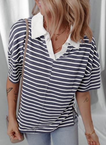 Dokotoo Tops for Women Trendy 2026 Summer Grey Striped Polo Shirt Women Short Sleeve Shirts for Women Dressy Casual Womens Tops Color Block Women's Blouses Oversized Tshirts Women Clothing S - Thumbnail 3