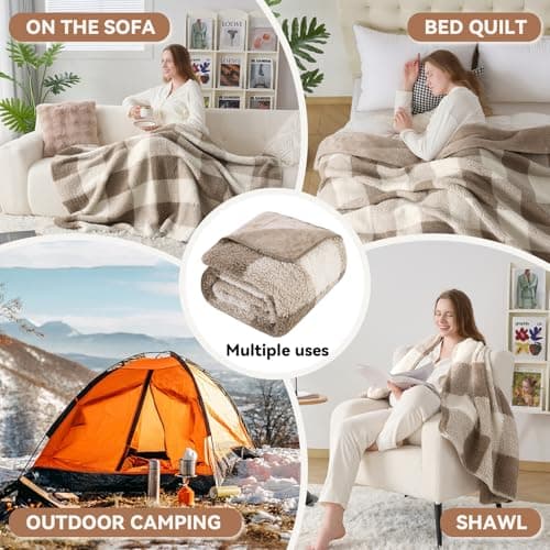 LURKA Checkered Sherpa Fleece Throw Blanket – Soft and Cozy, Medium Weight for All Season, Plush Throw for Couch, Bed, Dorm & Pets, Khaki, 60x80 Inches - Thumbnail 6