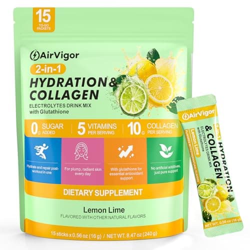 AirVigor Electrolyte Powder Packets, 10G Collagen Hydration Packets, Sugar Free Daily Electrolyte Hydration Recovery Drink Mix with 5 Vitamins & Glutathione, Joint Skin Muscle Support, Keto, Lemon - Image 1