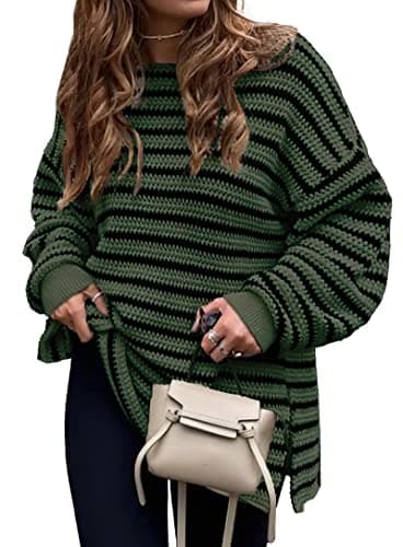 KIRUNDO Women's 2026 Fall Winter Oversized Long Sleeve Striped Sweater Casual Crewneck Side Split Pullover Knit Tops(Dark Army Green, Small) - Image 1