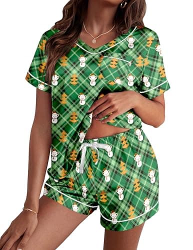 Ekouaer Silk Pajama for Women Short Sleeve Satin Pj Set Two Piece Soft Sleepwear Loungewear Casual Pjs Green Christmas Teddy M - Image 1