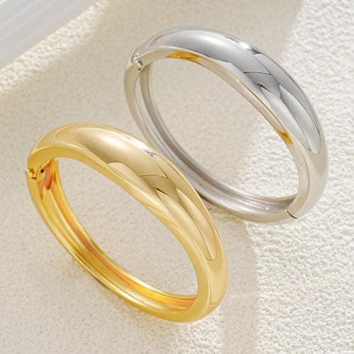 Gold Silver Chunky Bangles Bracelet for Women Trendy, 14K Gold Plated 2 Pcs Dainty Thick Cuff Bracelet Stack - Thumbnail 5
