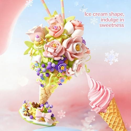 FRIMNS Ice Cream Flower Building Set with Lights, 975pcs DIY Birthday Gift Flower Building Blocks Toy for Adults Women Mom Teen (14+) - Home, Office Decor Anniversary Easter Gift Idea - Thumbnail 5