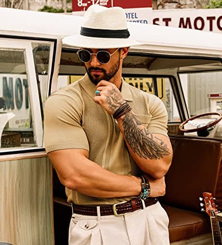 GRACE KARIN Mens Knitted Polo T Shirt Short Sleeve Slim Fit Tee Shirts Business Casual Summer Fashion T-Shirt Khaki M - Thumbnail 3