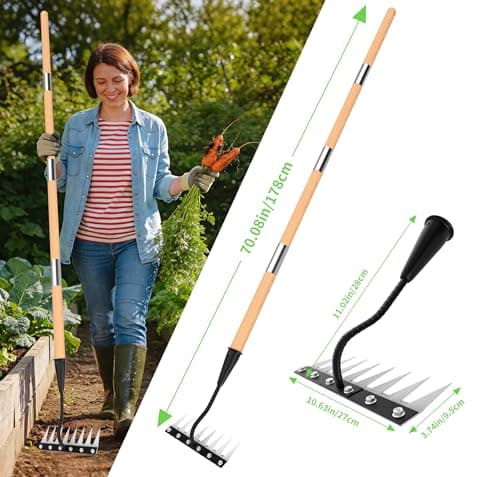 ATLRGISL Iron Weed Rake with Wooden Long Handle, 8 Teeth Weed Puller Tool Heavy Duty, Manual Gardenia Weeding Rake Tool for Yard, Lawn and Garden, 71Inch - Thumbnail 2