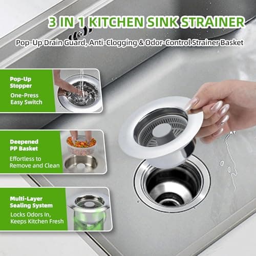 Sink Drain Strainer - Kitchen Sink Stopper, 3 in 1 Kitchen Sink Drain Strainer with Anti-Clogging Basket, Fit US Standard 3-1/2'' Sink Hole - Thumbnail 3