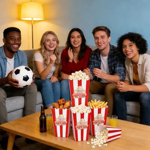 20 Pcs Movie Night Popcorn Boxes, 8 inch Red and White Striped Paper Popcorn Bucket, 250gsm Rigid Cardstock, One-Step Setup, Reusable Pop corn Bags for Party, Home Kitchen, Snacks, Easter - Thumbnail 4