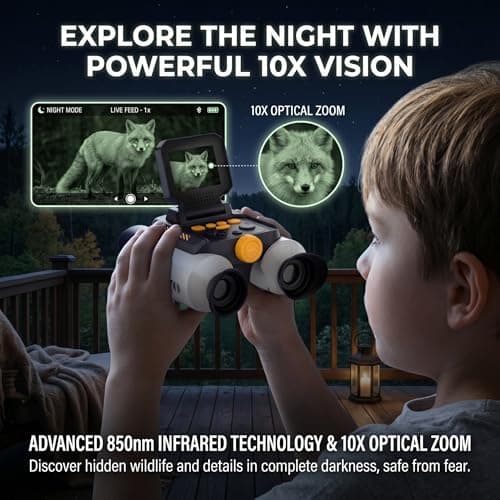 OAEBLLE Kids Binoculars with Night Vision Camera, 10X Zoom Digital Adventures Telescope with 2.4" IPS Screen, Nature Explorer STEM Toys for Bird Watching Camping, Gifts for Boys Girls Age 4-12 - White - Thumbnail 6