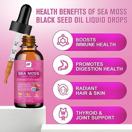 Sea Moss Liquid Drops - Organic Irish Sea Moss with Black Seed Oil, Burdock Root, Bladderwrack, Elderberry, Vitamin C, D3 | 6X Stronger Seamoss Support Immune, Energy, Digestive, Hair Health - Vegan - Thumbnail 3
