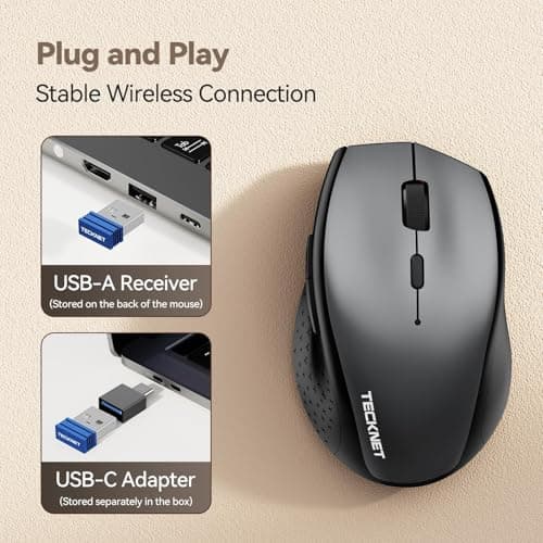 TECKNET Rechargeable Mouse with Jiggler, Plug & Play, 2.4G Connection with USB-C Adapter, Silent Mouse Quiet Click, 6400 DPI Ergonomic Mouse, Cordless Computer Mice for Laptop, Desktop, PC - Thumbnail 2