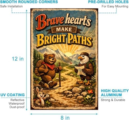 Brave Hearts Make Bright Paths Metal Tin Sign Vintage Adventure Wall Decor Inspirational Quote Hiking Bear Eagle Mountain Trail Rustic Nature Art 8x12 Inch Home Cabin Office Plaque - Thumbnail 6