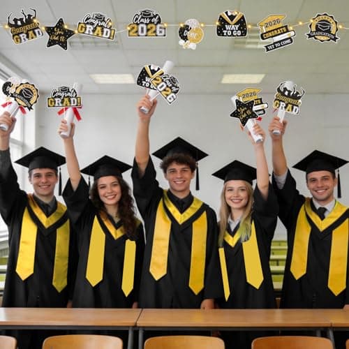 Graduation Decorations 2026 Graduation Party Decorations 32Pcs Black Gold Grad Table Centerpiece Sticks with String Lights for College High School Congrats Grad Party Decor Photo Props - Thumbnail 5