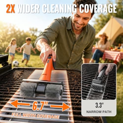 Electric Grill Brush - Dual Rotating Heads Cordless BBQ Grill Cleaner, 450 RPM Motorized Power Grill Cleaning Brush with LED Light, 6-Piece Replaceable Brush Set Safe for Most Outdoor Grill Grates - Thumbnail 3