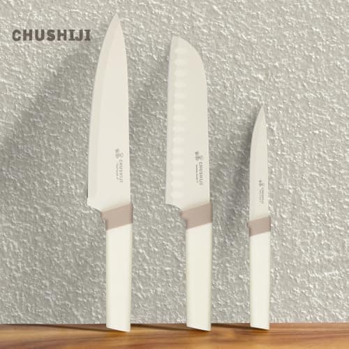 CHUSHIJI 15-Piece Kitchen Knife Set with Block, Premium High Carbon Stainless Steel, 8-Inch Chef Knife & 6 Steak Knives, Sharp Dishwasher Safe Durable Cutlery for Home Cooking, White - Thumbnail 3