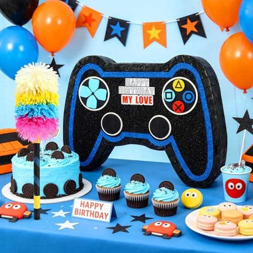 Large Video Game Controller Pinata with Stick and Blindfold - Heavy Duty Gamepad Pinata for Boys Birthday Party Supplies - Level Up Gamer Themed Party Decorations and Interactive Games - Thumbnail 6