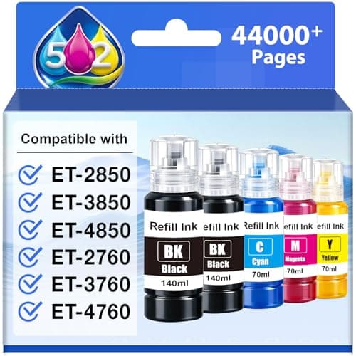 Replacement for Epson 502 Ink Refill Bottles High Capacity, Work with Epson EcoTank ET-2850 ET-3850 ET-4850 ET-15000 ET-3760 ET-2760 Printers, Replacement for Epson 502 Ink (5-Pack,2BK,CMY) - Image 1
