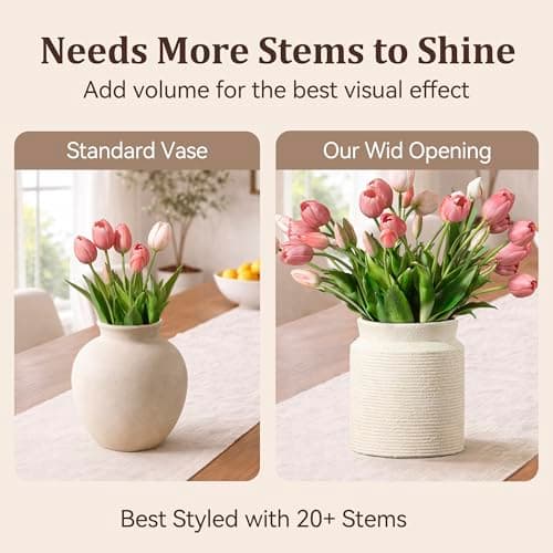 Ceramic Flower Vase 7.5 inch Farmhouse Rustic Vase for Home Decor Handcrafted Pottery Terracotta Vases for Dining Table Decor Fireplace Living Room Bathroom Wedding Centerpiece (M-Off White) - Thumbnail 5
