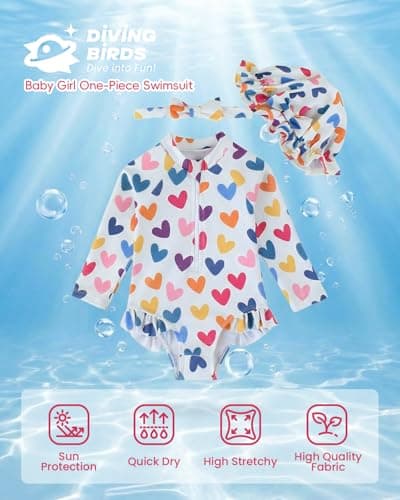 DivingBirds Baby Girls Long Sleeve Swimsuit with Hat, Toddler Girls Bathing Suit with Snap and Zipper Heart Print for 2-3 Years - Thumbnail 5