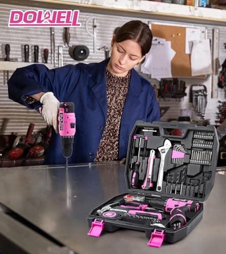 DOWELL 147 Pcs Pink Tool Kit with 12V Cordless Drill with 3/8" Keyless Chuck for Women, Home, Men, Built-in LED, Type-C Charge Cable - Thumbnail 6