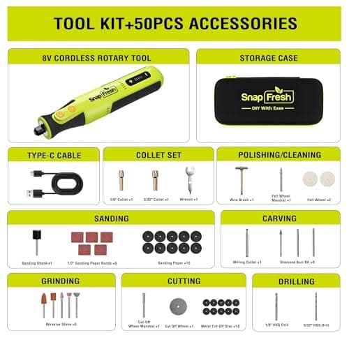 SnapFresh Cordless Rotary Tool Kit, 8V 5-Speed Variable Electric Multi-Tool, 28,000 RPM, Lightweight USB-C Rechargeable Mini Power Tool w/LED Light, 46 Accessories for DIY Engraving & Polishing - Thumbnail 4