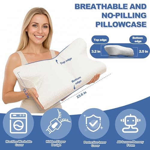 COMFILLOW Cervical Neck Pillow for Pain Relief, All Season Memory Foam Pillow with Dual Height Design & Arm Cradle, Support for Side, Back, Stomach Sleepers - Thumbnail 6
