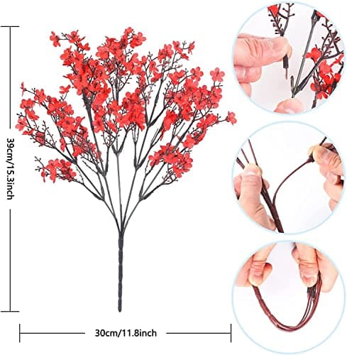 niuniufine 4Bundles Babys Breath Artificial Flowers Fake Silk Real Touch Floral Arrangement for Wedding Bouquet Home Office Farmhouse Wedding Centerpiece Decor White/Red - Thumbnail 6