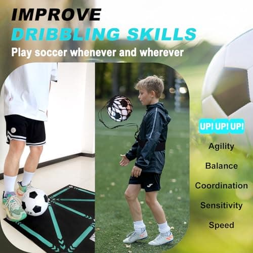 ECENUR Football Footstep Training Mat, Soccer Training Mat 35 * 24IN, Soccer Skills Training Equipment with Storage Bag and Soccer Return Trainer Net (Black-Blue) - Thumbnail 5