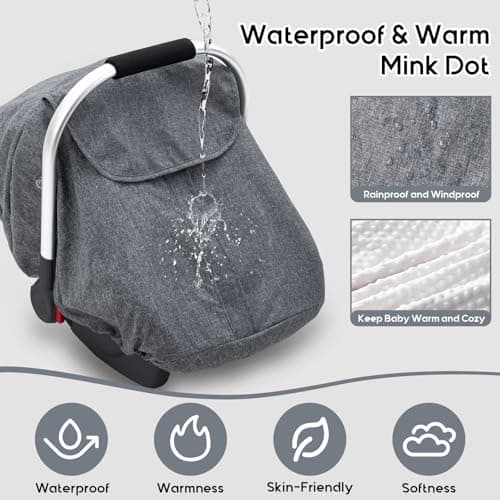 Baby Car Seat Cover for Doona, Waterproof Carseat Cover with Plush Dots Lining, Warm & Snug Infant Car Seat Canopy with Privacy Shield & 2 Vents, Baby Carrier Cover Weather Shield for Boys Girls - Thumbnail 2