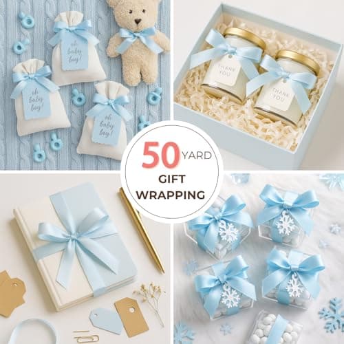 Light Blue Satin Ribbon 1 Inch x 50 Yards – Double Faced Baby Boy Shower Ribbon for Gift Packaging, Crafts & DIY Bows - Thumbnail 5