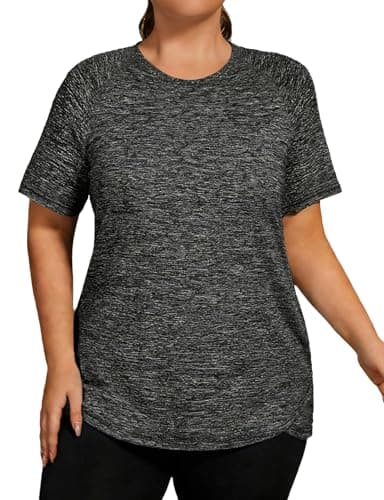 Hithymo Workout Clothes for Women Plus Size, Short Sleeve Gym Tops Loose Fit Tunic Length Crewneck Quick Dry Lightweight Moisture Wicking Breathable Yoga Running Tshirts Dark Grey - Thumbnail 3