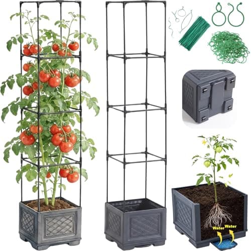 Jesosia Tomato Planter Box with Trellis - Self-Watering Rolling Raised Garden Bed with Tomato Cages for Climbing Plants - Tomato Pots with Cage Plant Support for Flower Vegetable Vine Indoor Outdoor - Image 1
