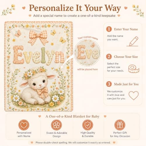 Kreiphantom Personalized Baby Blanket with Name, Custom Baby Blankets, Gift for Boy Girl, Ship Next Day, Customized Name, Baby Essentials, Sheep Design - Thumbnail 3