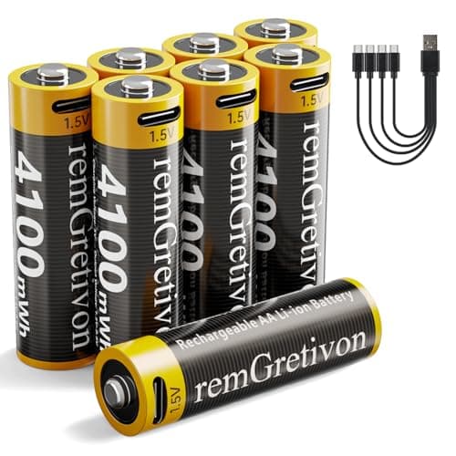 remGretivon USB C Rechargeable AA Batteries 8 Pack, 4100mWh 1.5V Constant Output Lithium Ion Battery, 2.5H Fast Charging Double A Rechargeable Batteries with 4-in-1 Cable, 1500 Cycles - Image 1