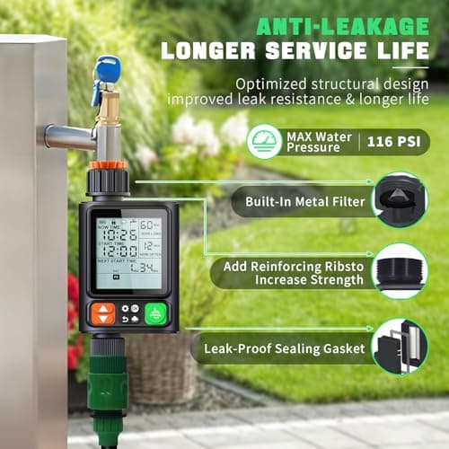 Sprinkler Timer for Garden Hose, Upgrade 10 Programmable Water Timer with Auto Rain Delay, IP54 Waterproof 3.3“ Large LCD Drip Irrigation System Timers for Plant, Yard, Lawns, Outdoor - Thumbnail 6