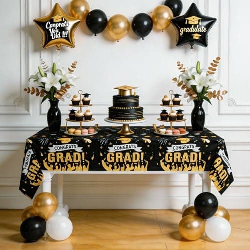 Accevo Graduation Decorations 2026, 108" X 54" Graduation Tablecloth, Black Gold Rectangle Class of 2026 Table Cloths, Disposable Plastic Congrats Grad Tablecover for Grad Party Supplies, 2 Pack - Thumbnail 6