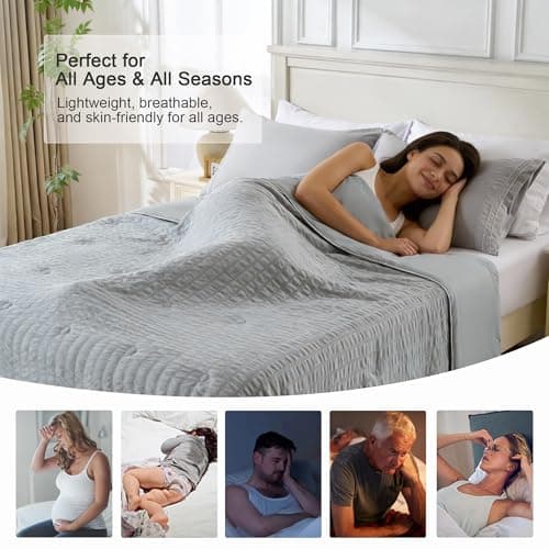 Cooling Comforter King Size – Seersucker Soft Lightweight Quilt for Hot Sleepers & Night Sweats, Q-Max 0.4 Cooling Fabric, Reversible All-Season Blanket, Oeko-TEX Certified, Pet-Friendly, Light Grey - Thumbnail 2