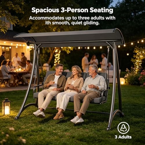 Outdoor Patio Swing, 3 Seat Porch Swing with Adjustable Canopy, Swing Chair for Backyard Garden Patio(Grey) - Thumbnail 2