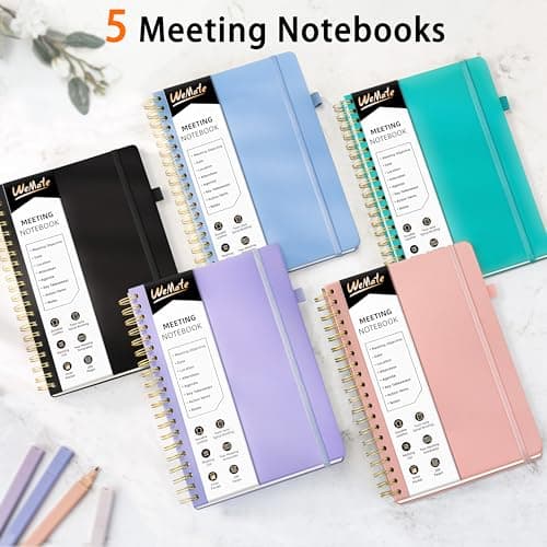 WEMATE 5 Pack Meeting Notebooks for Work（7"x10"） 200 Pages, PU Leather Notebook with Action Items & Note, For Staff & Students, Meeting, Projects Planning- Light Purple, Blue, Rose Gold, Green, Black - Thumbnail 4