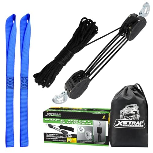 XSTRAP STANDARD Heavy-Duty 2,000LB 50 Feet Rope Hoist Pulley 1 Ton Wheel Block and Tackle System 5:1 Ratio Lifting Power with 2PK 18 Inch Soft Loops (Upgraded 50ft Black) - Image 1