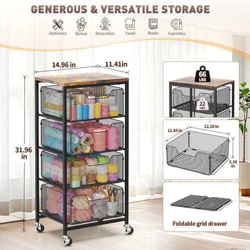 SUNALLY Rolling Kitchen Cart with Drawers, 4-Tier Utility Cart Fruit Vegetable Storage Cart with Lockable Wheels, Wooden Top Metal Kitchen Storage Organizer for Cans, Snacks, Beauty, Craft, Art, Black - Thumbnail 3