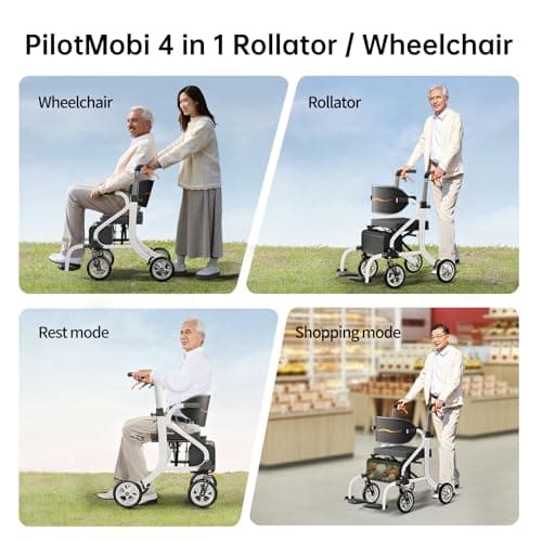 PilotMobi 2-in-1 Walker and Transport Wheelchair Combo, Lightweight Foldable Mobility Rollator Chair for Seniors, Pre-Assembled 17 lbs Travel Chair with 8" All-Terrain Wheels, Support 300 lbs - Thumbnail 2