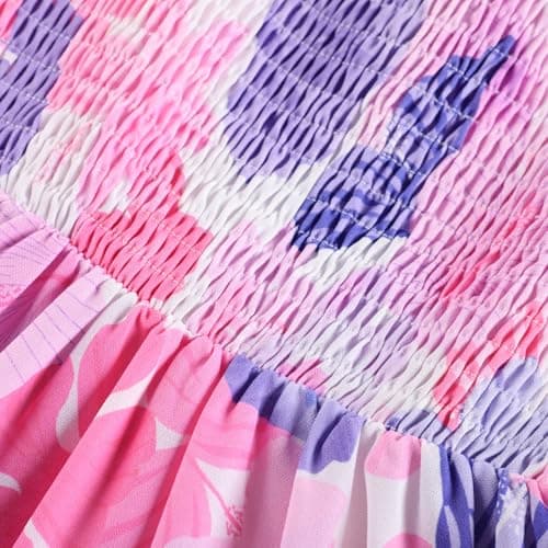 GRACE KARIN Party Dresses for Girls Elastic Straps Smocked Maxi Long Casual Boho Dress 8-10,Pink Purple Tropical - Thumbnail 4