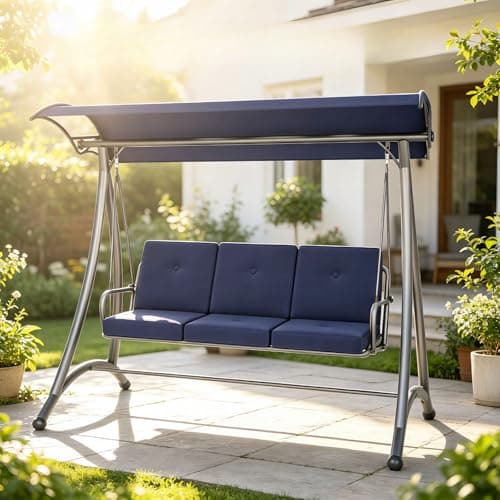 Outdoor Patio Swing, 3 Seat Porch Swing with Adjustable Canopy, Swing Chair for Backyard Garden Patio(Blue)