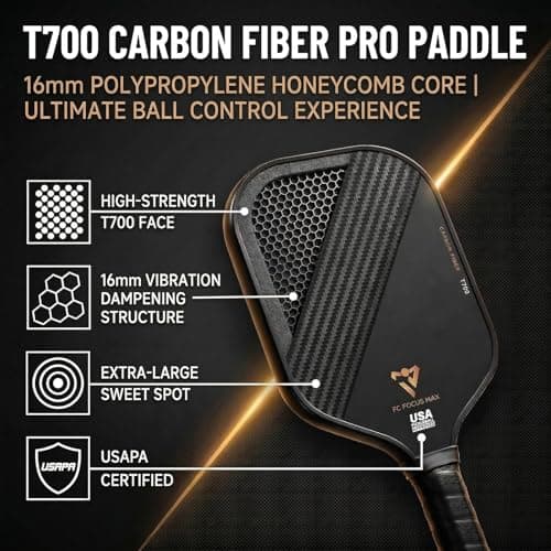 T700 Carbon Fiber Pickleball Paddles, Pickleball Set 16mm Pickle Ball Rackets with CMS Matte Surface Lightweight Honeycomb Core & Durable Edge Guard Protector Larger Sweet Spot - Thumbnail 3